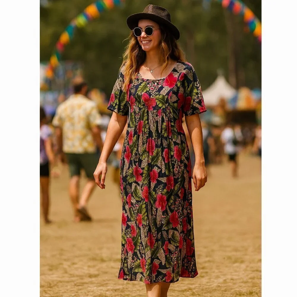 Vintage Patchouli 100% Cotton Floral Boho Cottagecore Gypsy Festival Dress Sz M